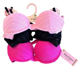 New Juicy Couture Push Up Bra 3 Pack Size 34B Pink Black Hot Pink Logo